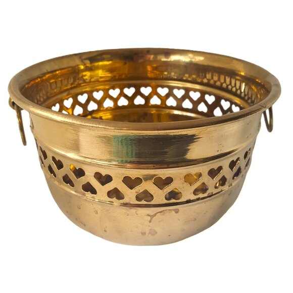 Vintage Solid Brass Planter Cache Pot Pierced Hearts Design 3.5”” H x 6” W - Picture 7 of 7